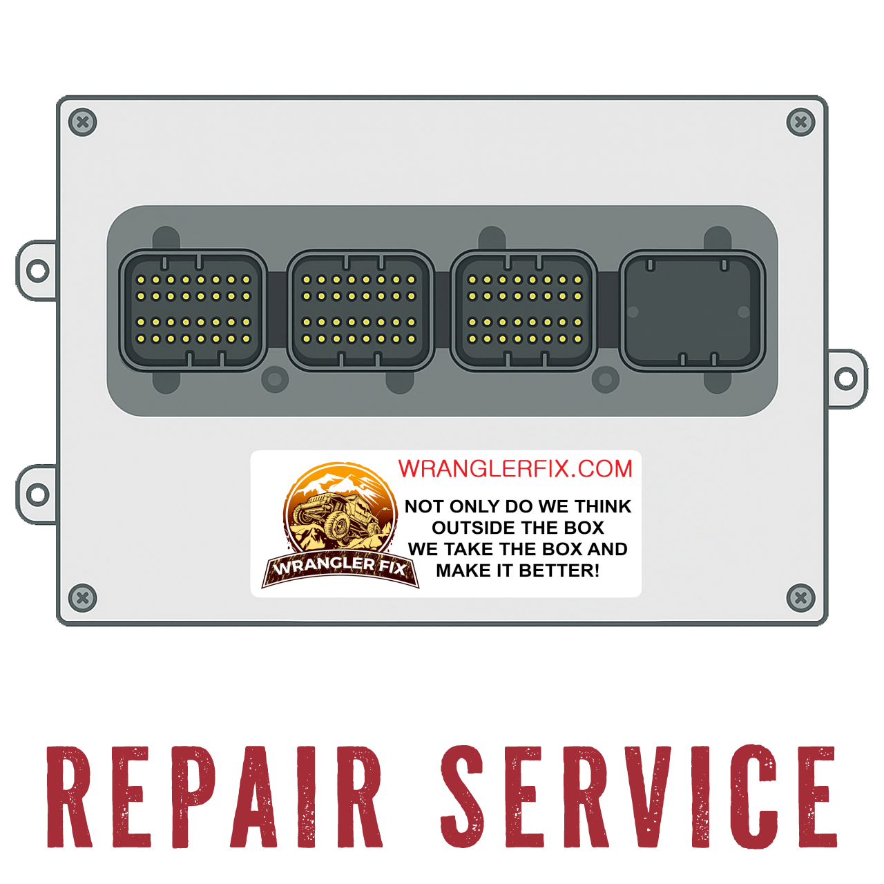 Jeep Wrangler PCM shown against a transparent background with the words "Repair Service" in the foreground.